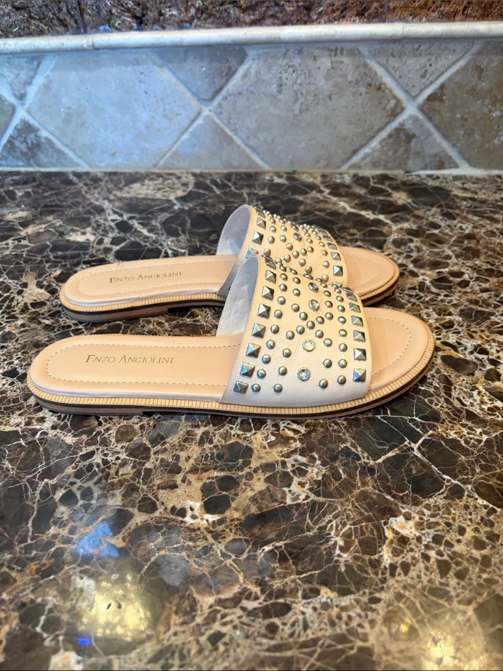 Enzo Angiolini Nude Studded Slide Mules.Size 8